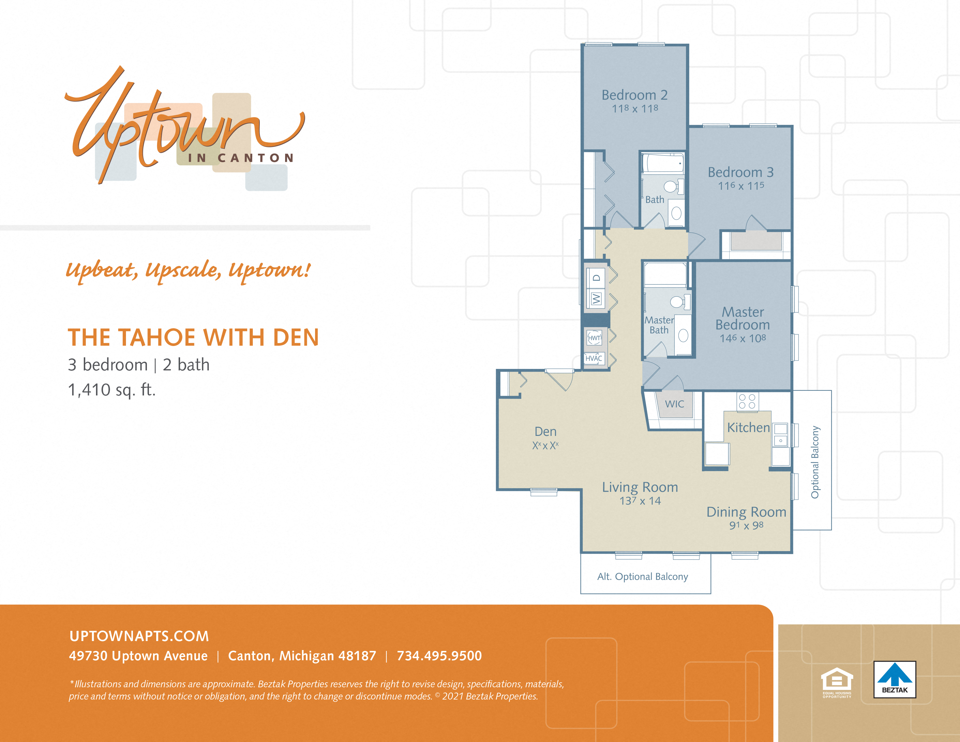 Floor plan for 3 beds, 2 baths, 1410 sqft